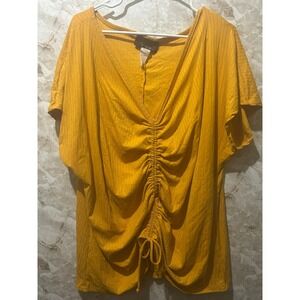 Say Anything Mustard Yellow Ribbed Cinched Front V-Neck Top Plus Size 3X KS2232X